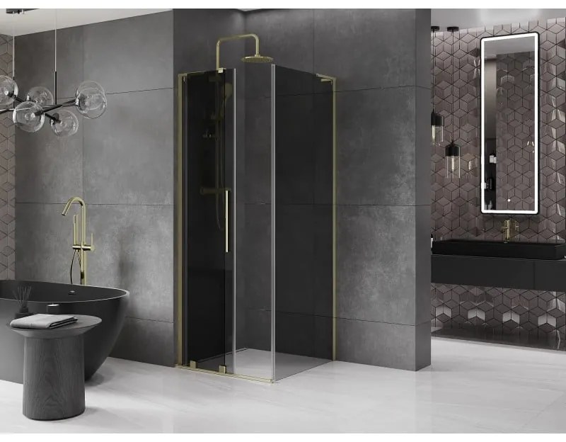 Mexen Velar L, sprchový kút s posuvnými dverami 90 x 90 cm, 8mm šedé sklo, zlatá lesklá, 871-090-090-43-50