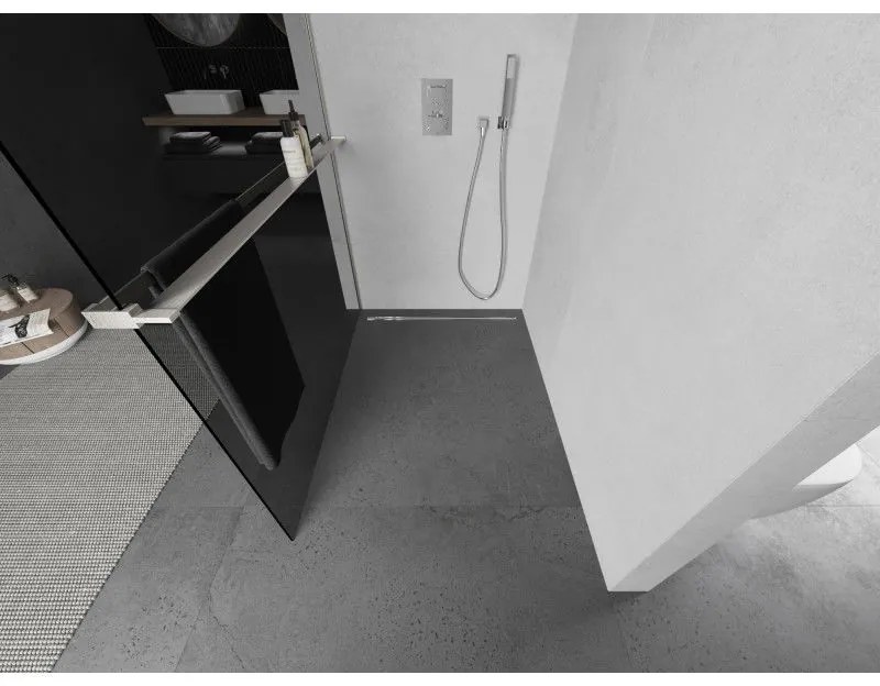 Mexen Kioto+ L, sprchová zástena Walk-In s poličkou a vešiakom 70 x 200 cm, 8mm šedé sklo, brúsená oceľ profil, 800-070-123-97-40