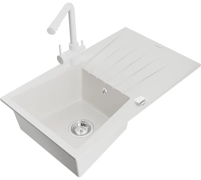 Mexen Cesar, granitový drez 775x470x190 mm, 1-komorový a biela batéria Duero, biela, 6514-20-671600-20