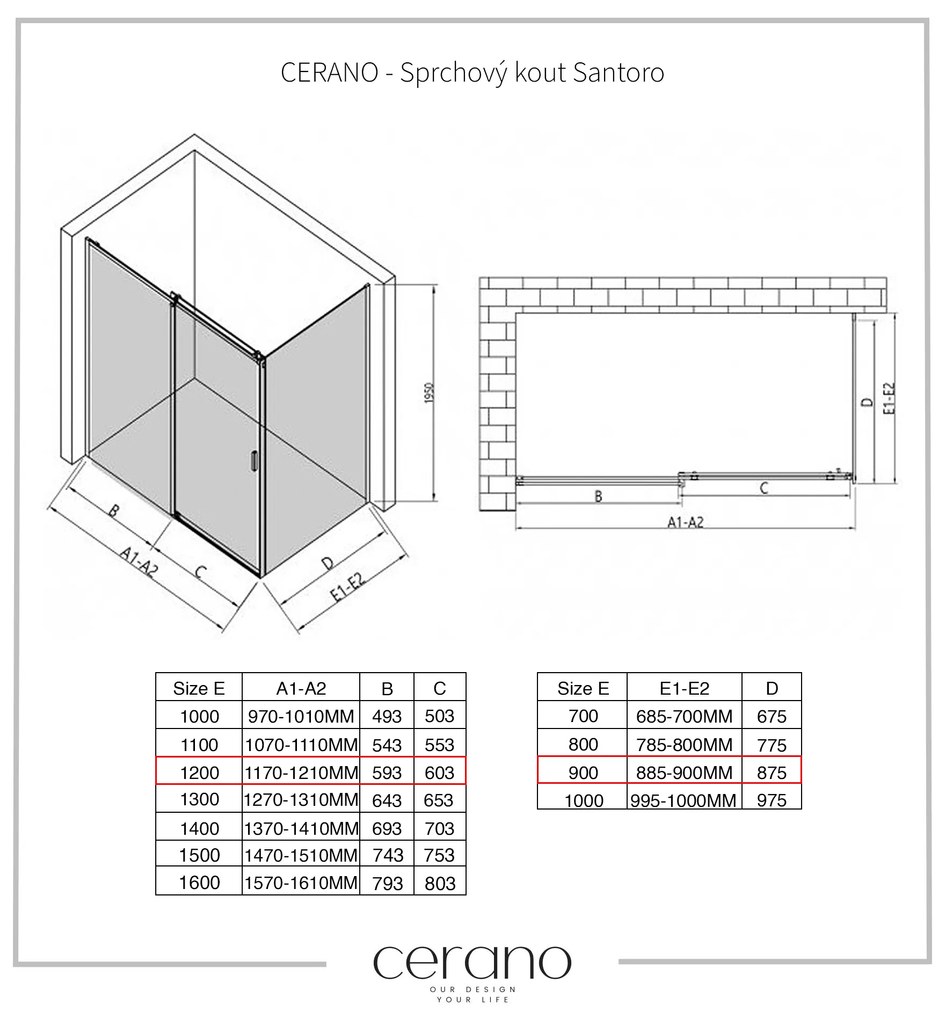 CERANO - Sprchovací kút Santoro Ľ/P - 8 mm - čierna matná, grafitové sklo - 120x90 cm - posuvný, CER-CER-8050BD7300
