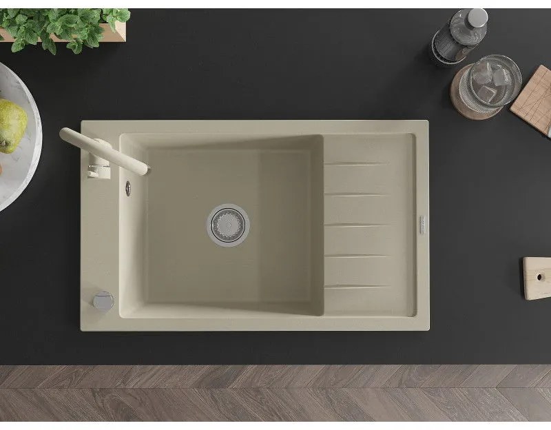 Mexen Elias, 1-komorový granitový drez s odkvapkávačom 80x48 cm a kuchynskou batériou Telma, béžová, 6511-69-670200-69
