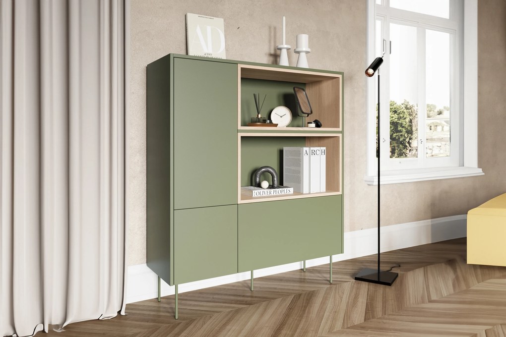 Vysoká komoda Desin 120 cm s dvoma dverami a zásuvkou - olivový / dub nagano