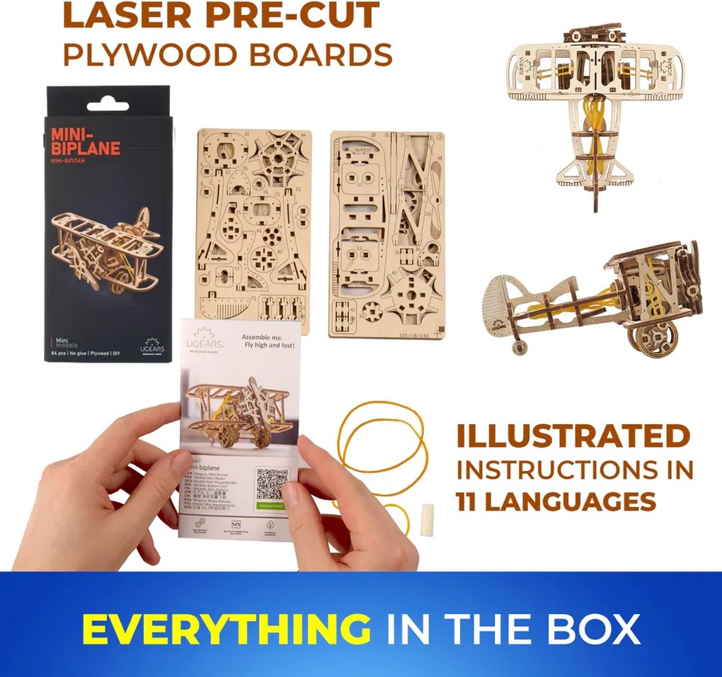 Ugears 3D mechanické puzzle Dvojplošník 84 ks