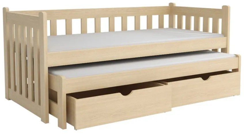 Detská posteľ z masívu borovice KRYŠPÍN s prístelkou a šuplíky - 200x90 cm - PRÍRODNÁ BOROVICA