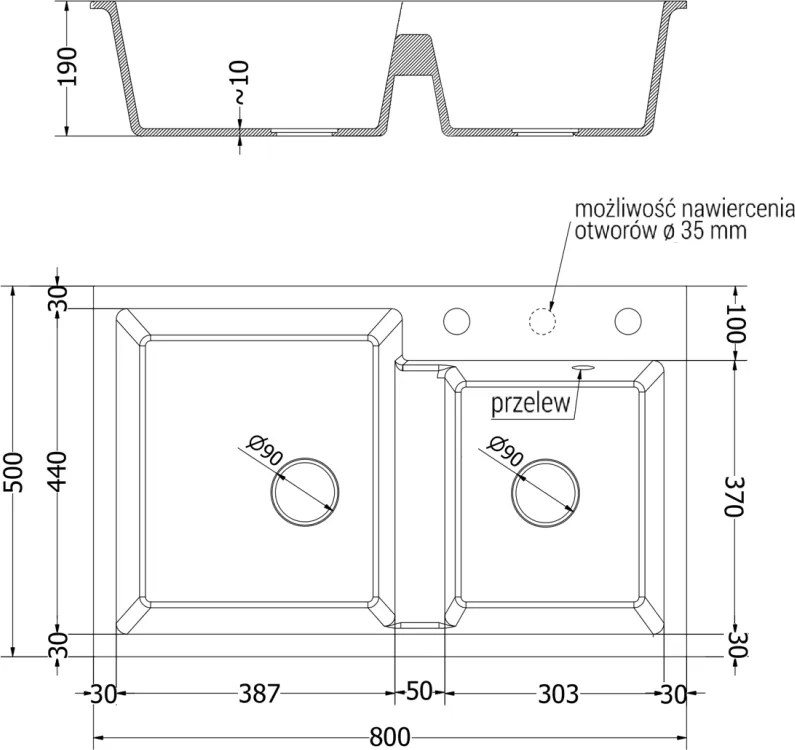 Mexen Tomas, granitový drez 800x500x190 mm, 2-komorový a čierna batéria Rita, šedá, 6516-71-670300-70