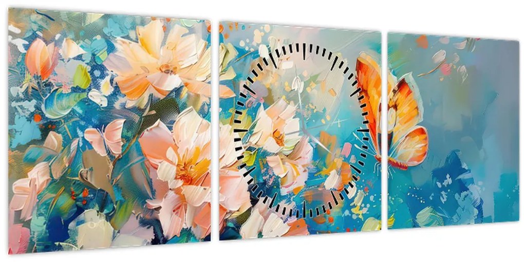 Obraz - Motýľ a kvety, olejomaľba II. (s hodinami) (90x30 cm)