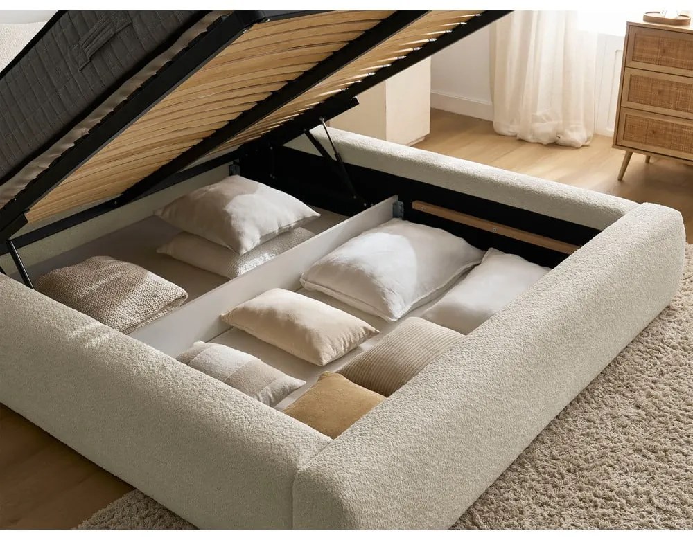 Béžová čalúnená dvojlôžková posteľ s úložným priestorom s roštom 140x190 cm Orlane – Bobochic Paris