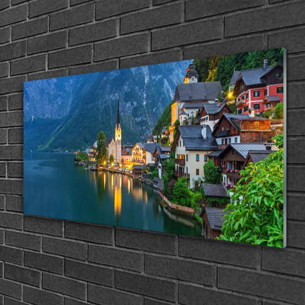 Skleneny obraz Hory mestečko noc jazero 120x60 cm