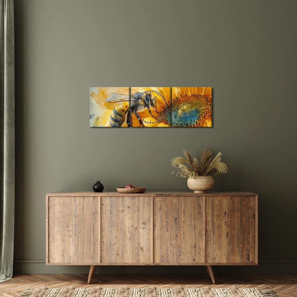 Obraz - Včielka, akvarel (s hodinami) (90x30 cm)