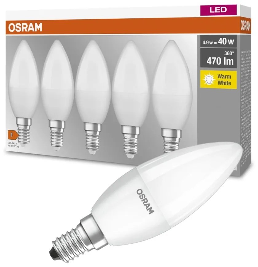 5PAK LED žiarovka E14 B35 5,7W = 40W 470lm 2700K teplá pätica OSRAM