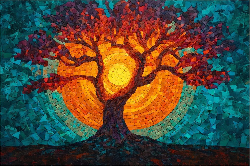 Obraz - Strom života a slnko v mozaike (90x60 cm)