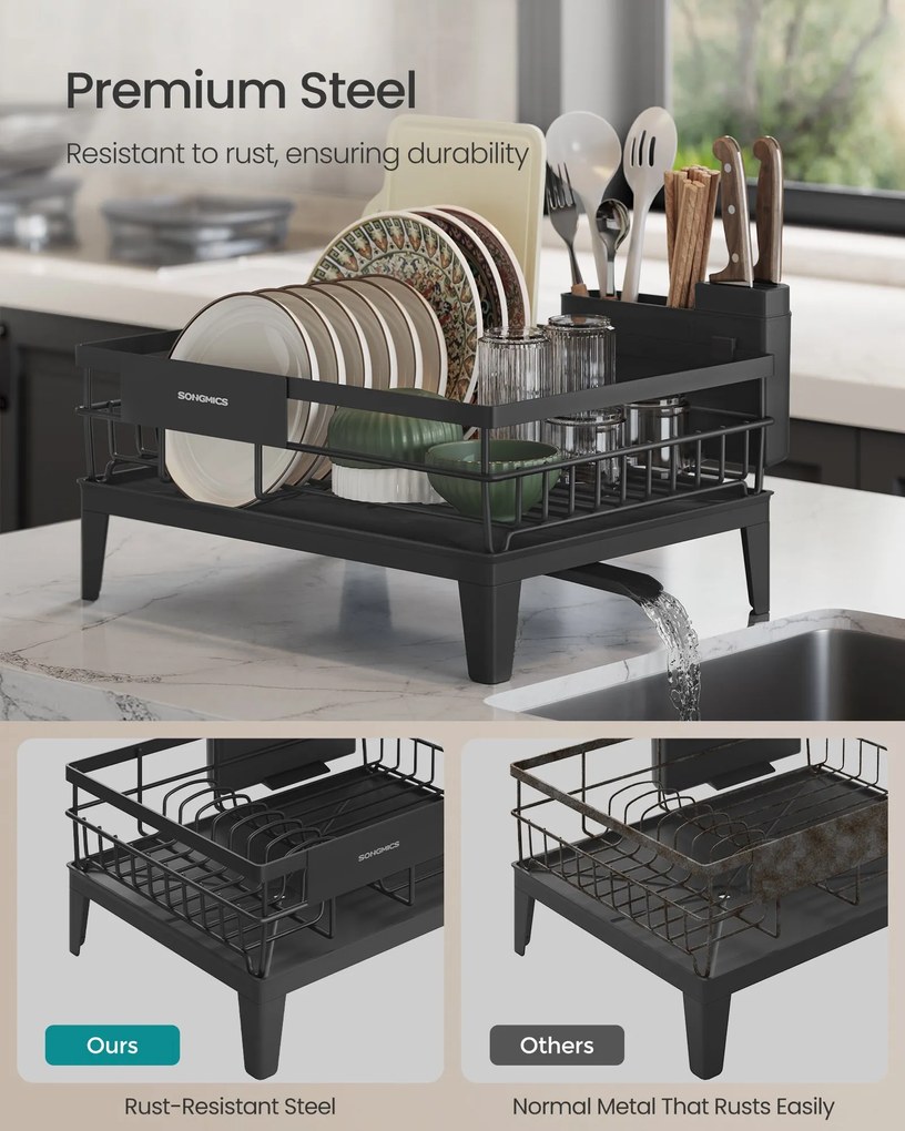 Sušička riadu, otočná o 360° a s výsuvným odtokom, čierna