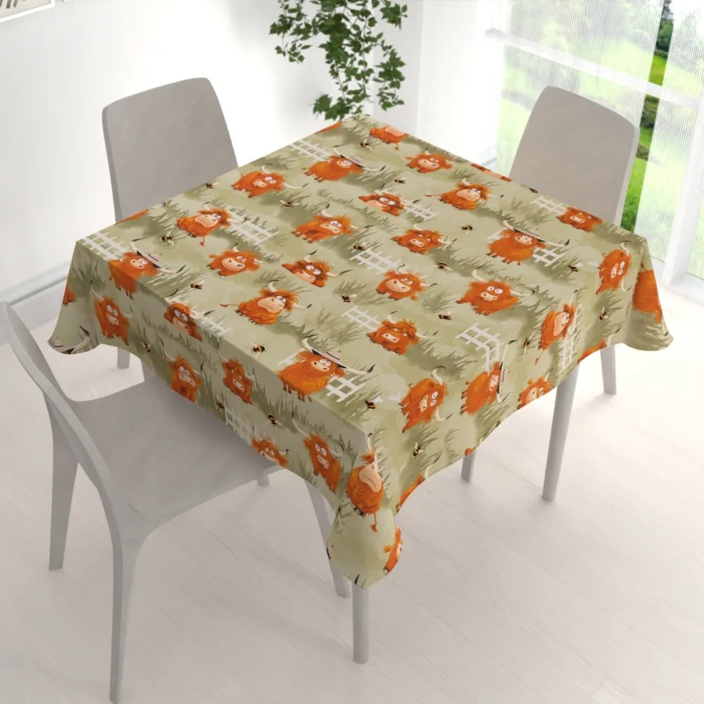 Biante Detský bavlnený štvorcový obrus Sandra SA-612 Býčky na pastve na zelenom 80x80 cm