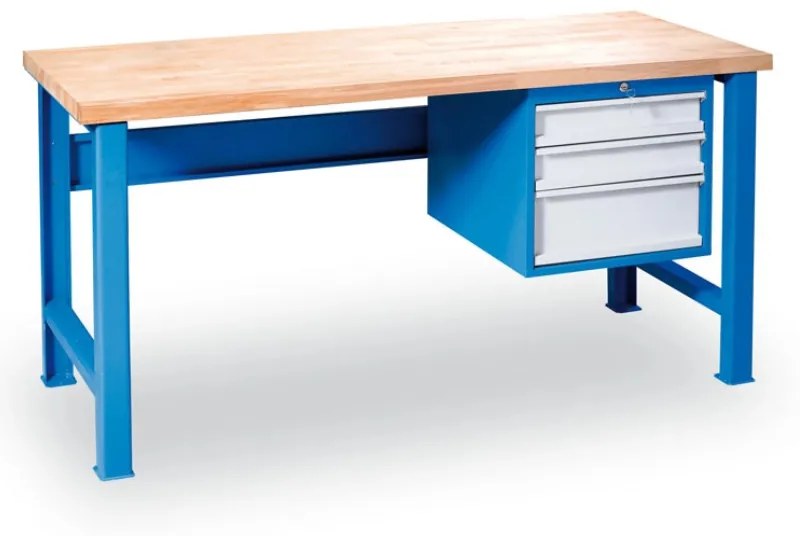 Dielenský pracovný stôl GD so závesným boxom na náradie, buková škárovka, 3 zásuvky, 1500 x 685 x 850 mm, modrá