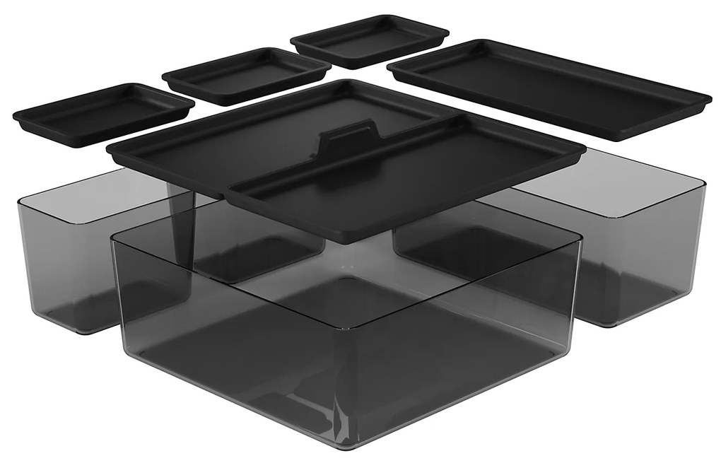 Goodhome Sada úložných boxů do šuplíku s víčky, koupelnový organizér 5v1, KOROS BLACK - černý