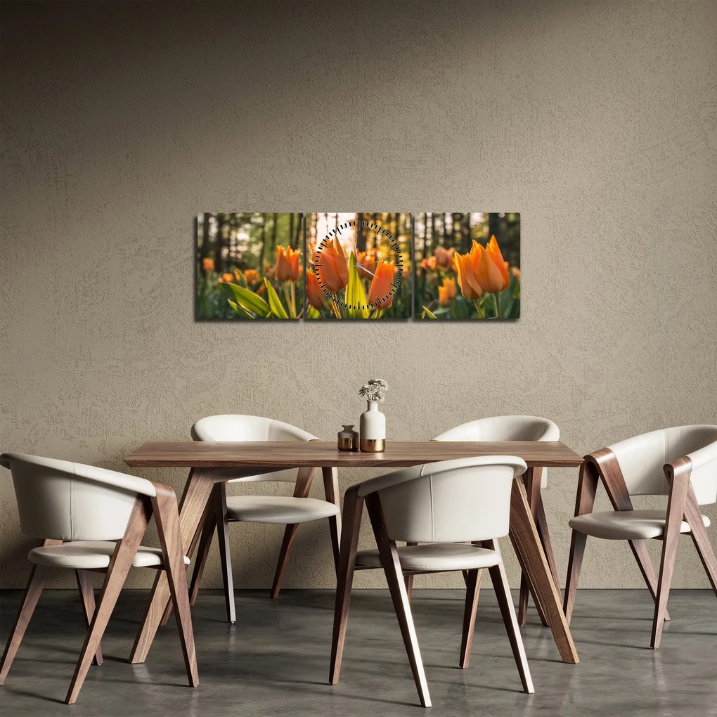 Obraz - oranžové tulipány (s hodinami) (90x30 cm)