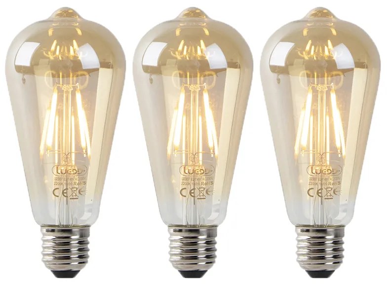 Sada 3 LED žiaroviek E27 ST64 zlatá so senzorom súmraku 4W 400lm 2200K