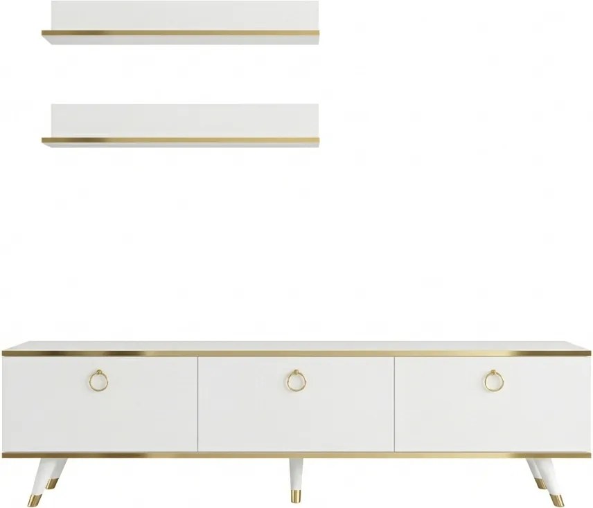 TV stolík BALANCE 150 cm s dvoma nástennými policami, biela/zlatá