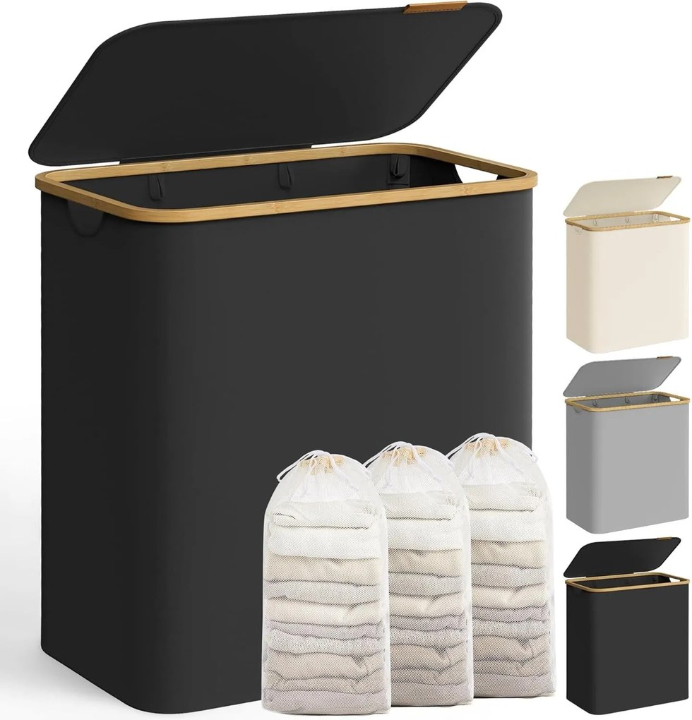 koš na prádlo s viečkom – 3 priehradkový zberný kôš na oblečenie, s objemom 150 l v čiernej farbe