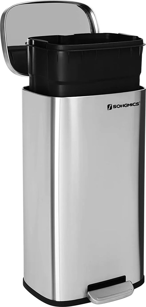Kuchynský pedálový odpadkový kôš s 30 l plastovým vnútorným vedrom, strieborný