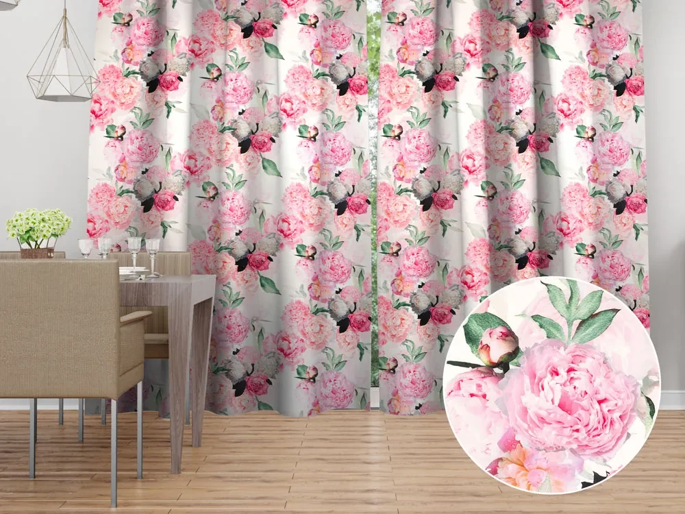 Biante Zamatový záves Tamara TMR-037 Ružové pivonky na bielom 135x150 cm