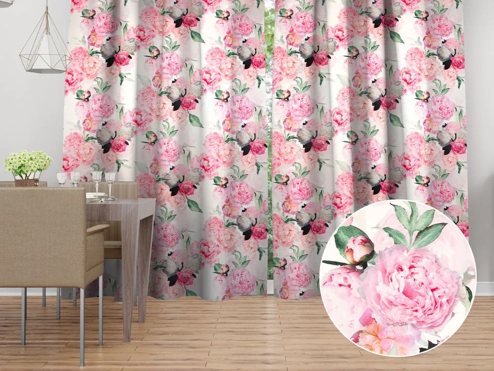 Biante Zamatový záves Tamara TMR-037 Ružové pivonky na bielom 135x250 cm