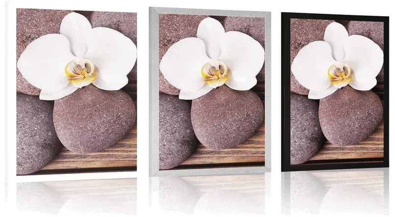 Plagát wellness kamene a orchidea na drevenom pozadí