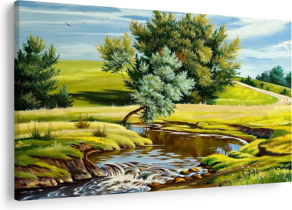 Obraz - Rieka medzi lúkami, olejomaľba (90x60 cm)