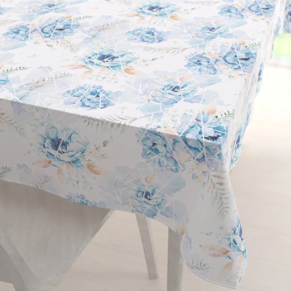 Biante Teflónový obdĺžnikový obrus TF-087 Modré kvety na geometrickom bielom 140x180 cm