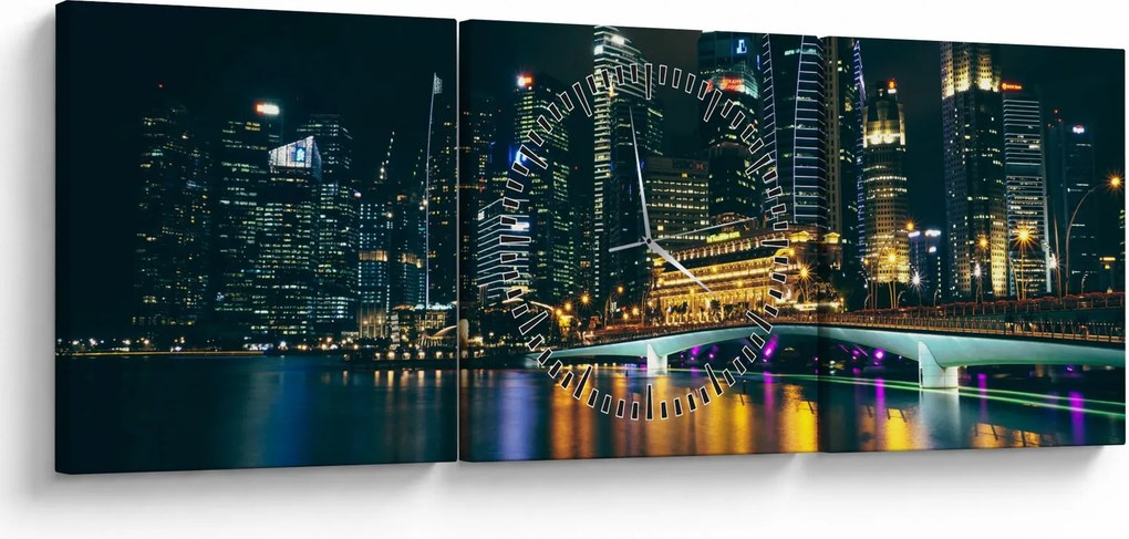 Obraz nočného Singapuru (s hodinami) (90x30 cm)