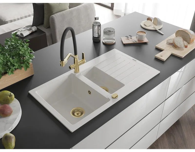 Mexen Matias, 1,5-komorový granitový drez 900x505x200 mm a drezová batéria Duo, biela, 6502-20-671701-57-G