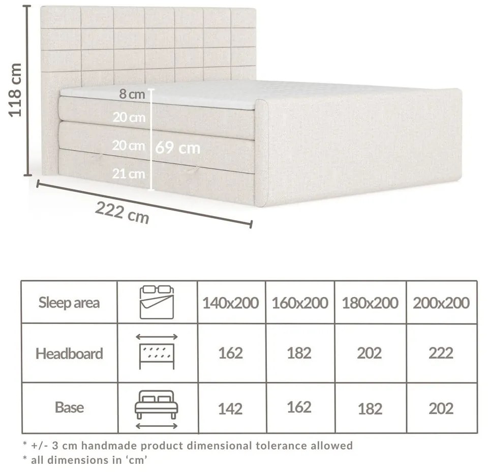 Béžová boxspring posteľ s úložným priestorom 200x200 cm Ava – Maison de Rêve
