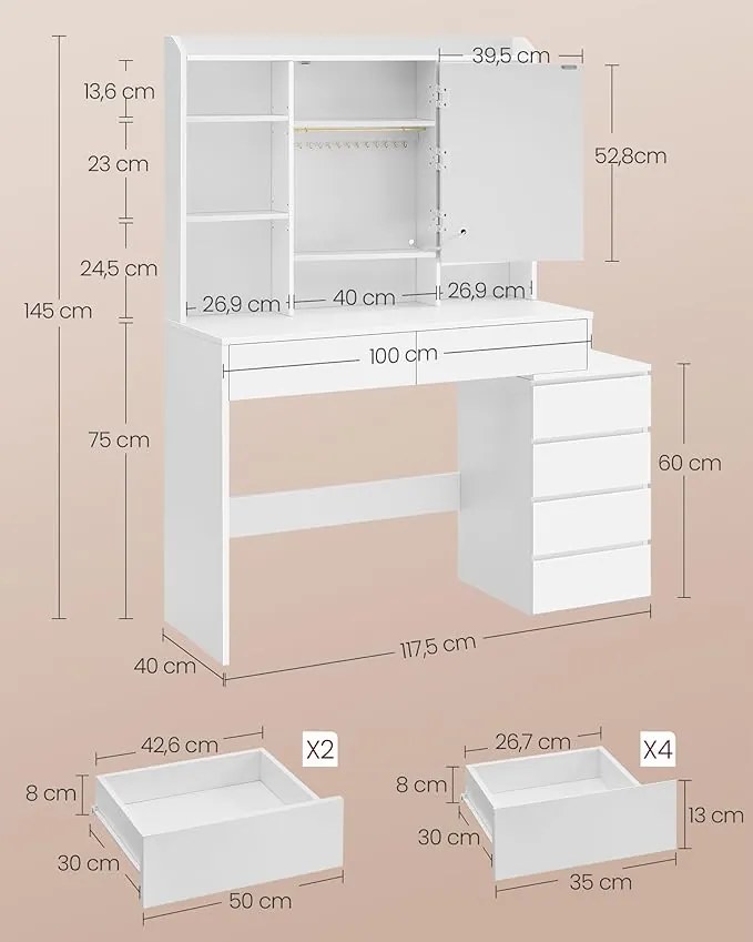 Toaletní stolek Vasagle Ginny 117 cm s LED osvětlením bílý