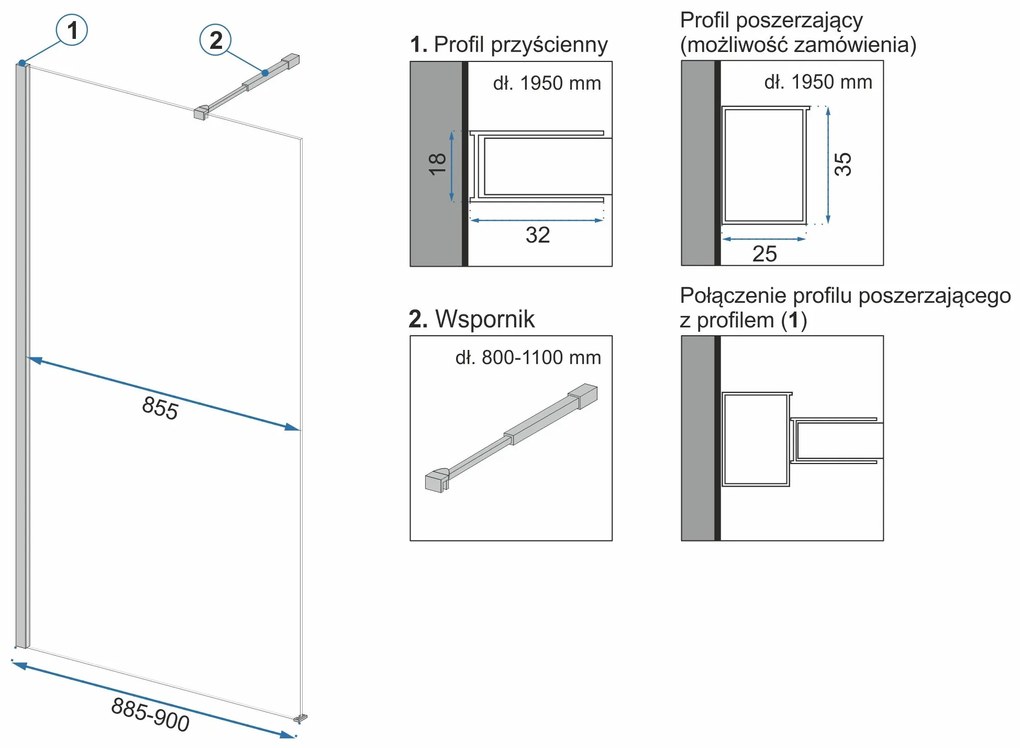 Rea Aero N, sprchová zástena typu Walk-In 90cm, 8mm číre sklo, chrómový profil + polička a vešiak EVO, KPL-K0553