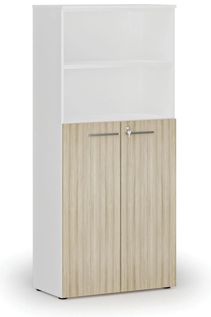 Kombinovaná kancelárska skriňa PRIMO WHITE, dvere na 3 poschodia, 800 x 420 x 1781 mm, biela/dub prírodná