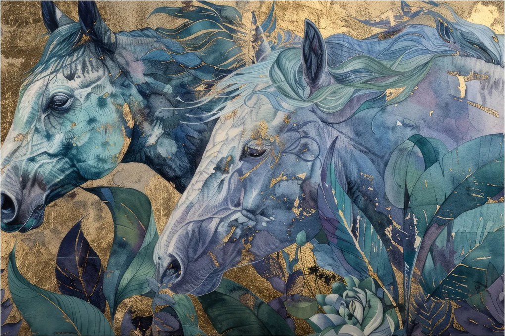 Obraz - Kone so zlatým pozadím (90x60 cm)