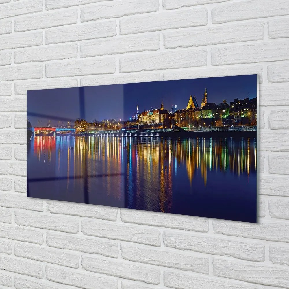 Sklenený obraz Varšava mesto noc rieka most 100x50 cm