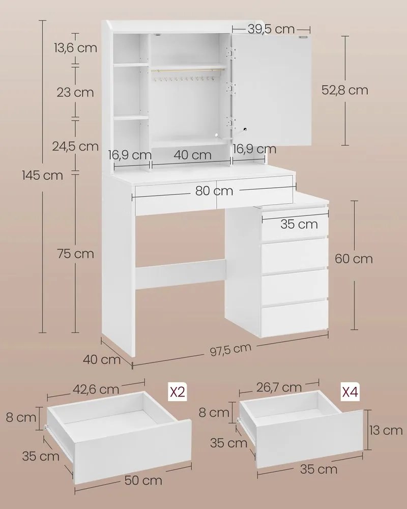 Toaletný stolík Vasagle Ginny 97 cm s LED osvetlením biely