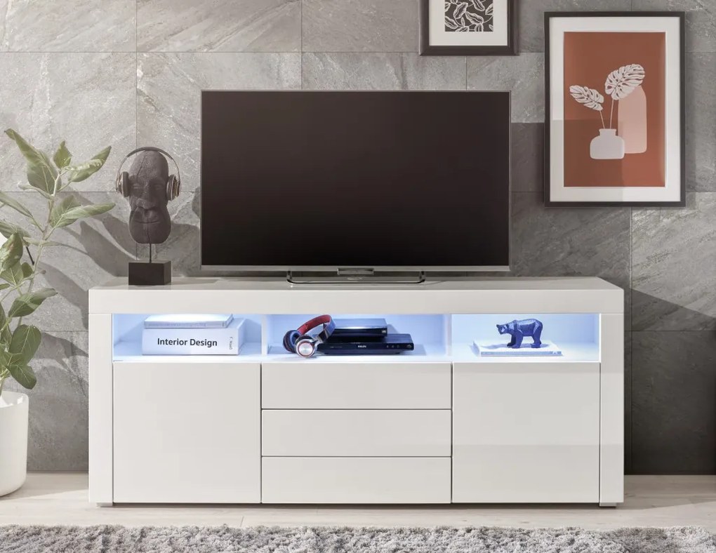Široká TV skrinka Leeds, biela lesk, s osvetlením