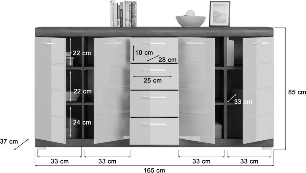 Široká komoda Scout, 165 cm, sivý dub/biely lesk