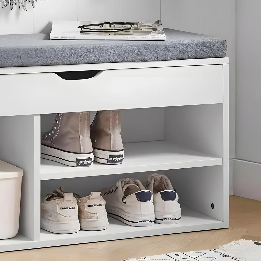 ModernHome Skrinka na topánky so sivým vankúšom a otváracím sedadlom, 3 biele police