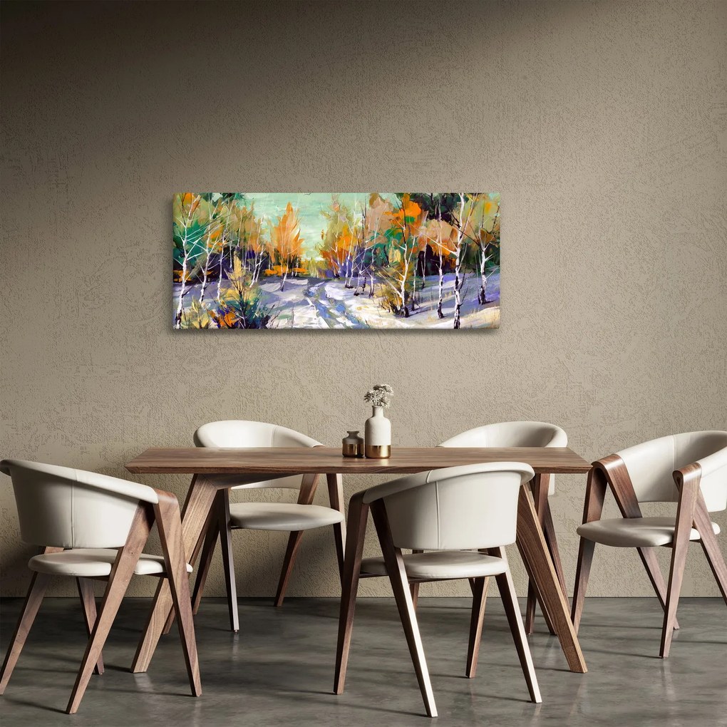 Obraz - Zasnežená cesta lesom, olejomaľba (120x50 cm)