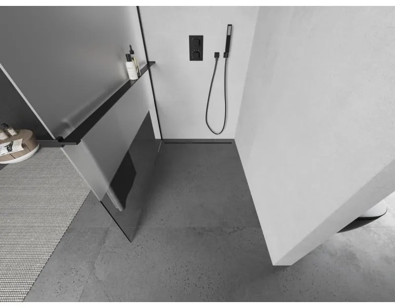 Mexen Kioto+ L, sprchová zástena Walk-In s poličkou a vešiakom 70 x 200 cm, 8mm číre sklo-námraza, čierny profil, 800-070-123-70-30