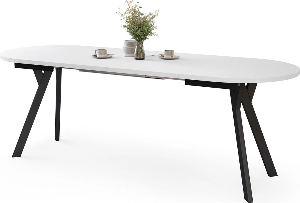 Mazzoni ALMO Biely mat / čierne nohy - OVÁLNY ROZKLADACÍ STÔL 140-240 cm PRE 10-12 OSÔB