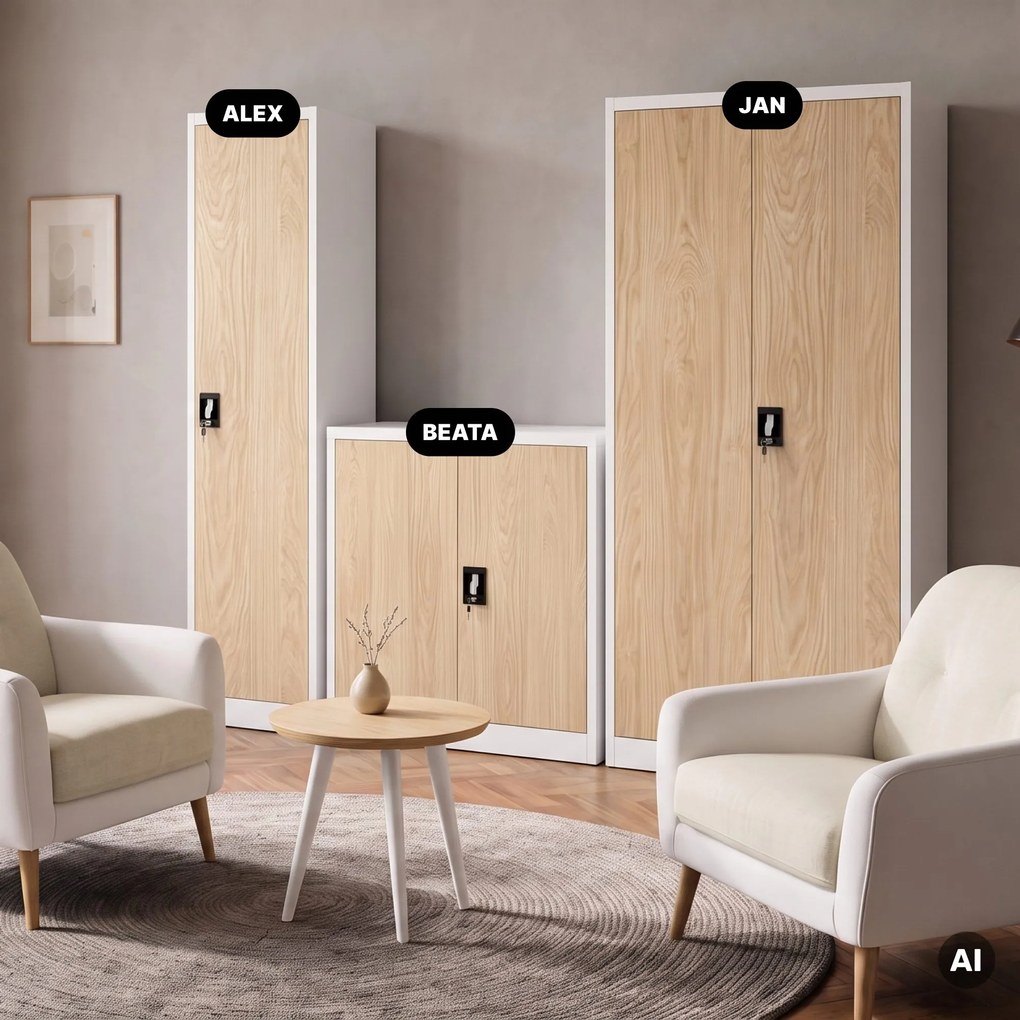 Kovová kancelárska skriňa na dokumenty, biela/dub Sonoma, 450x1850x400 mm: ALEX Eco Design