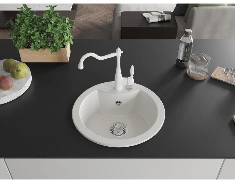 Mexen Diego, granitový drez 488x488x167 mm, 1-komorový a drezová batéria Carla, biela, 6512-20-670700-20