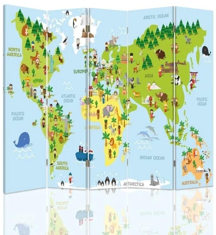 Ozdobný paraván, Mapa světa pro děti - 180x170 cm, päťdielny, obojstranný paraván 360°