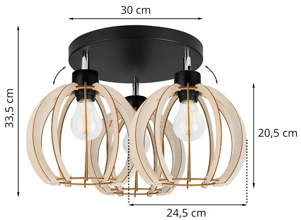 Stropné svietidlo TIMBER 9, 3x drevené tienidlo, OP