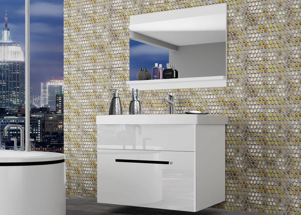 Kúpeľňový nábytok Belini biely lesk + umývadlo + zrkadlo ROD P 1/0/W/W/0/ZW