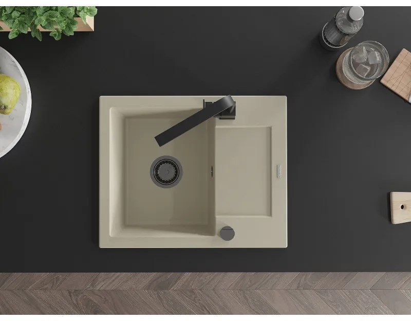 Mexen Enzo, granitový drez 576x465x174 mm, 1-komorový a čierna batéria Rita, béžová, 6506-69-670300-70